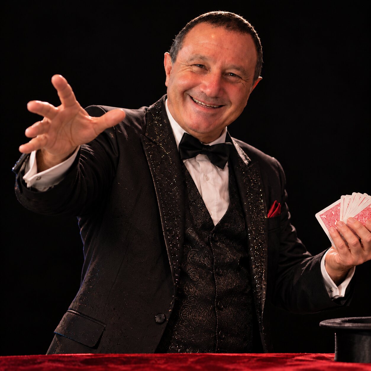 Barry, the magician behind Abracabazza, smiling in a black dinner suit and bow tie, reaching towards the camera with an open throwing hand and holding a fanned deck of cards in the other.